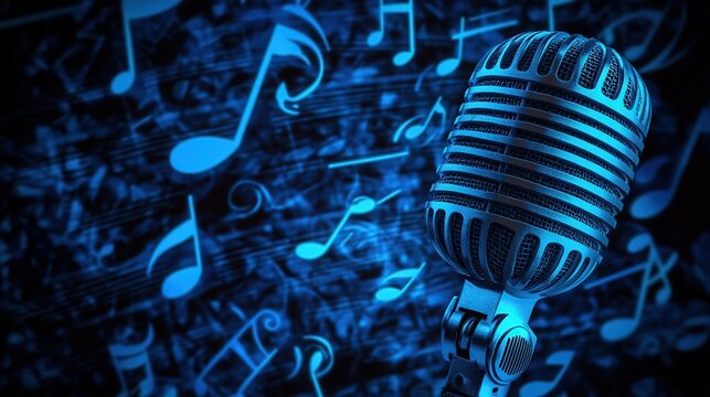 Retro microphone against a backdrop of musical notes, ideal for music, podcasting, or broadcasting themes.