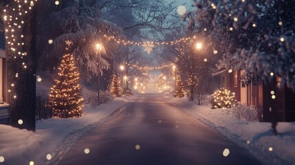 Snowy street with Christmas lights and trees.