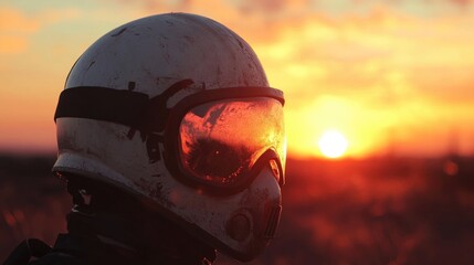 Sunset Silhouette Of A Worn Motorcycle Helmet