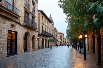 A quiet street lined with historic buildings and trees.