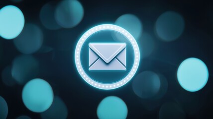 Fototapeta premium Email icon surrounded by glowing blue lights on a blurred background.