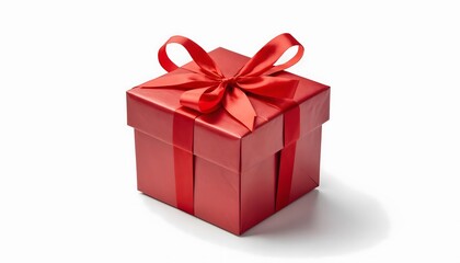 Obraz premium A beautifully wrapped red gift box with a glossy finish and an elegant satin ribbon tied into a perfect bow on top. Ideal for holiday, birthday, anniversary, or special occasion themes.