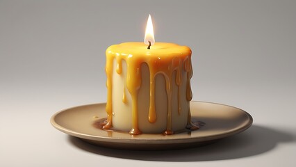 Golden Yellow Dripping Candle with Gentle Flame on White Ceramic Plate - Minimalist High-Resolution Photograph