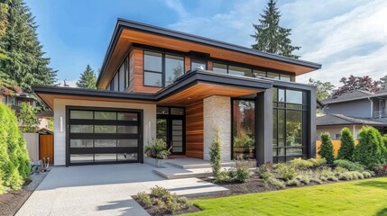 Fototapeta premium Modern luxury house with flat roof, large windows, wood siding, and stone accents.