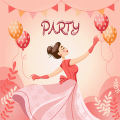 party invitation with image of dancing girl on pink background