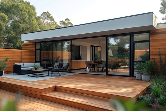 Modern home extension in Melbourne featuring deck patio, courtyard area. Outdoor furniture, plants enhance space. House displays contemporary design with wooden cladding. Large windows offer views of
