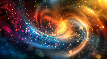 An abstract background featuring a digital vortex of swirling lights and particles in vibrant colors