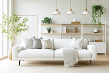Modern living room with white sofa, wooden shelves. Cozy, stylish interior design. Elegant home decor with plants, pendant lights. Modern apartment style. New furniture pieces. Comfortable, trendy.