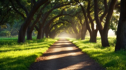 Fototapeta premium A serene path through a sunlit forest with lush greenery.