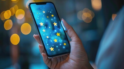 Customer satisfaction survey concept displayed on a smartphone with a starry background