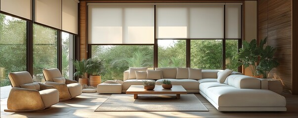Fototapeta premium Modern living room features large windows with automatic roller blinds, electric sunshade curtains. Light neutral colored sofa, armchairs placed in front of large windows with rich green garden view.