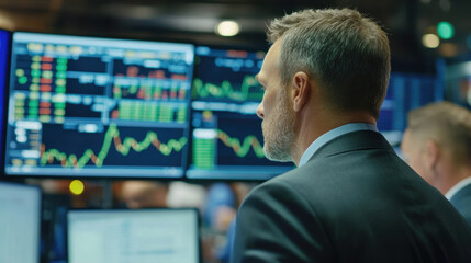financial planner analyzing stock market trends with multiple screens