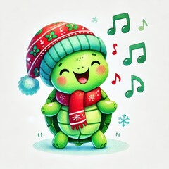 A cheerful cartoon turtle wearing a festive hat and scarf, surrounded by musical notes and a playful winter vibe.