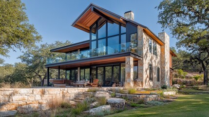 Fototapeta premium Modern stone house with large windows, deck, and landscaping on a hillside.