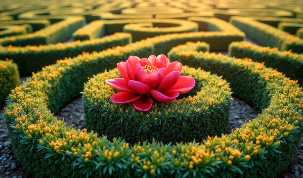 A maze of green bushes with a red flower in the center