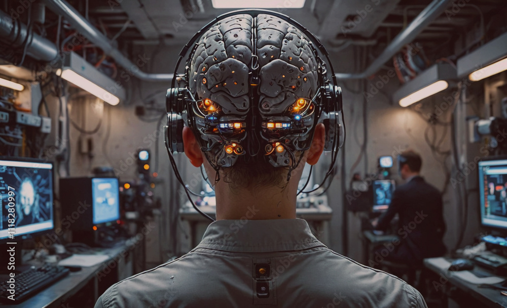 Aufkleber A man wearing a headpiece with a brain on it is looking at a computer monitor. The scene is set in a room with multiple computers and monitors, and the man is in a lab or a research facility