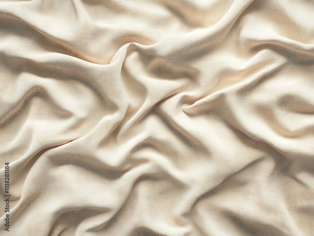 Poster beige fabric with soft, flowing folds and wrinkles, creating a textured background.