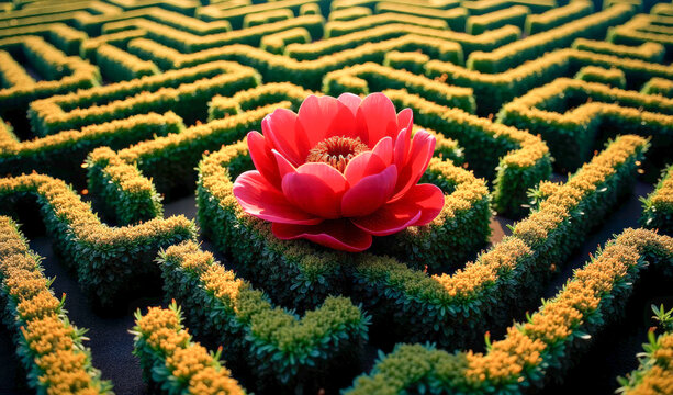A maze of green bushes with a red flower in the center