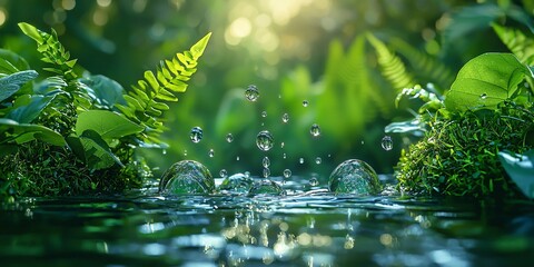 Fototapeta premium Lush Greenery Water Droplets Tranquil Nature Scene