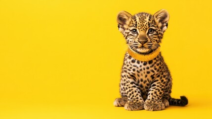 Naklejka premium A young cub with distinctive spots sits gracefully on a vibrant yellow background, showcasing its golden collar. The playful demeanor highlights the cub's natural charm and innocence
