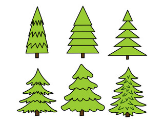 Vector illustration of different natural Christmas trees, Green simple drawn fir trees in a row on a white background. Icon set