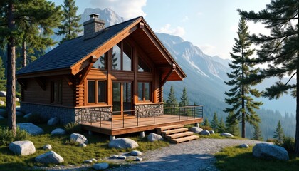 Serene mountain cottage with wooden facade, pine tree landscaping. Rustic log cabin exterior in natural setting. Outdoor building with porch, deck. Scenic mountain view. No people present. Calm,