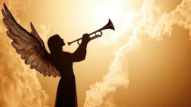 A majestic angel with wings plays a trumpet against a golden sky, bathed in divine light. Concept of faith, heavenly announcement, and Catholic spirituality.