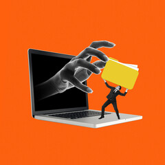 Contemporary art collage. Large hand emerges from laptop screen, reaching for yellow folder held by small figure, representing cyber threats and stolen data. Concept of safety in Internet, hacking. Ad © Lustre Art Group 