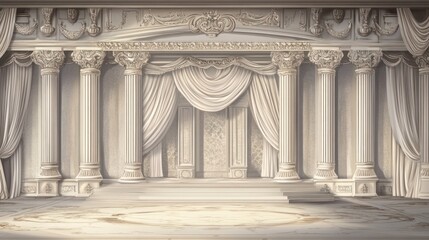 Obraz premium Elegant classical hall with columns, curtains, and marble floor.