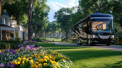 Obraz premium Luxury RV traveling through idyllic scenic landscape