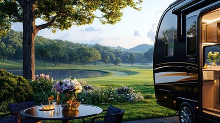Obraz premium Scenic RV campsite with flowers near serene lake.