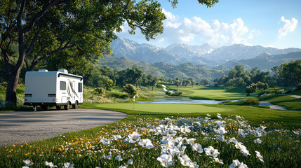 Sunny RV trip through scenic mountain road vista.