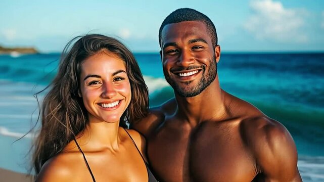 A happy interracial couple smiles warmly while standing on a tropical beach. Concept of love, diversity, and summer romance.