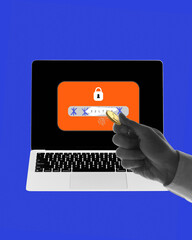 Contemporary art collage. Hand holding golden key unlocks password-protected screen on laptop, symbolizing secure access and data protection online. Concept of safety in Internet, hacking, crime. Ad.