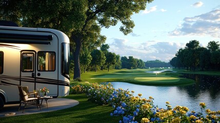Elegant RV setting by golf course with vibrant flora.