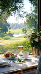 Fototapeta premium Gourmet breakfast with golf course view from window