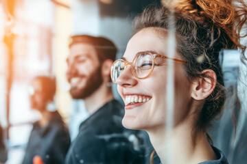 Diverse business professionals discuss strategy in modern workspace with pastel background