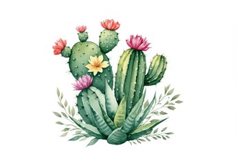 Blooming Desert Cactus Watercolor Illustration