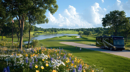 Obraz premium Scenic RV path beside a beautiful lake and golf course.