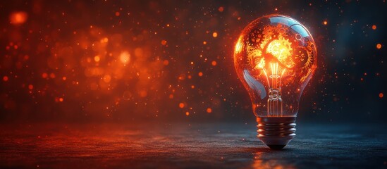 Fiery lightbulb on dark background.
