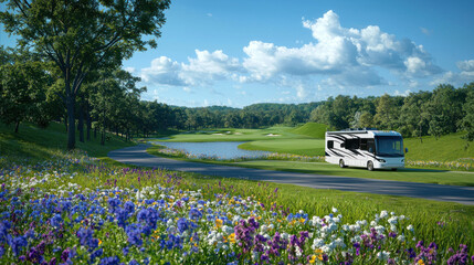 Campervan along scenic road near golf course.