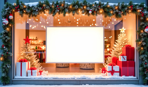 an empty white sign on the shop window with Christmas gifts , Eve