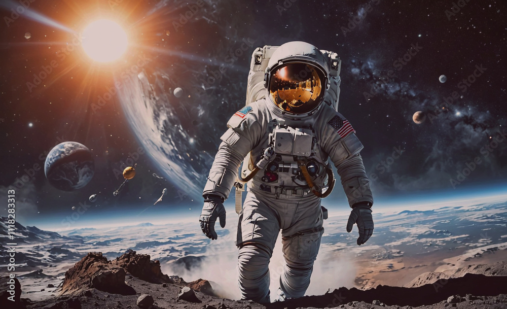 Poster A man in a spacesuit is walking on a rocky surface in space. Concept of adventure and exploration, as the astronaut is venturing into the unknown. The vastness of space