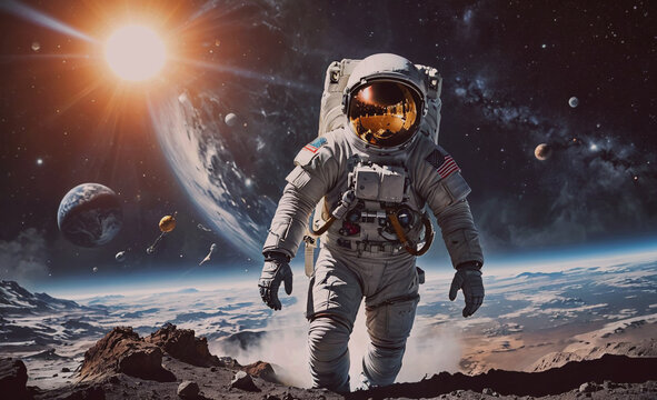 A man in a spacesuit is walking on a rocky surface in space. Concept of adventure and exploration, as the astronaut is venturing into the unknown. The vastness of space