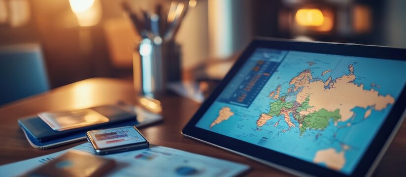 Planning a trip tablet showing a world map, passports, and smartphone with graphs on a wooden desk.