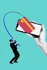 Contemporary art collage. Man uses fishing rod to pull credit card from smartphone screen,...
