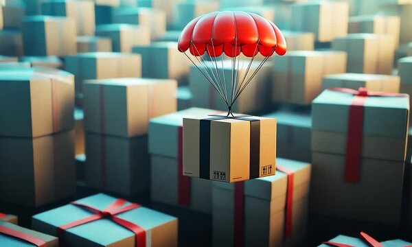 Cardboard box with a red parachute descending over a city of boxes.