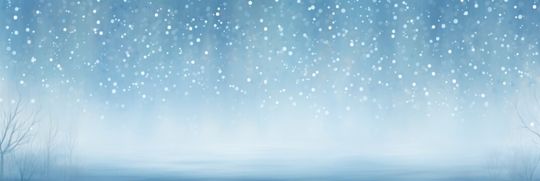 A serene winter landscape with gentle snowfall under a crisp, clear sky, capturing the peaceful essence of a tranquil snowy day with soft blue hues and falling snowflakes.