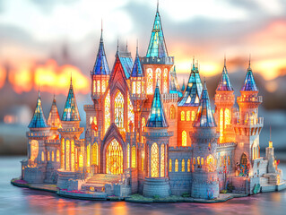 Obraz premium a fantasy castle with vibrant, stained-glass-like windows and multicolored rooftops. The castle is illuminated from within, casting warm, golden light that contrasts with the cool blues of the surroun