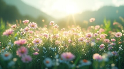 Fototapeta premium Sunlit pink flowers bloom in a vibrant meadow at sunrise.